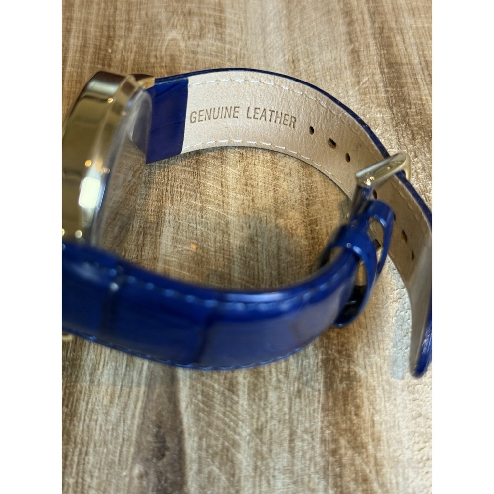 Betsey Johnson Owl Face Watch Blue Leather Strap Gold‎ Tone Quartz As Is - Picture 5 of 6